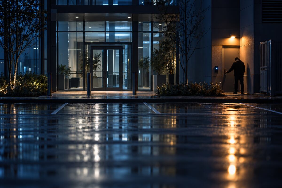 A figure testing a side door of an office building at night